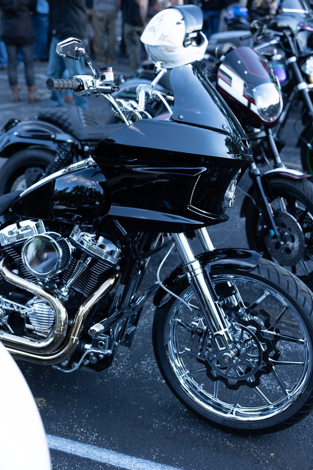 Black performance bagger with polished front wheel at Laconia Harley-Davidson