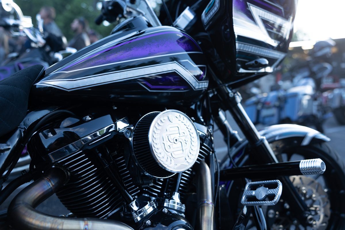 Purple bagger engine and air cleaner detail at the Proper Baggers show