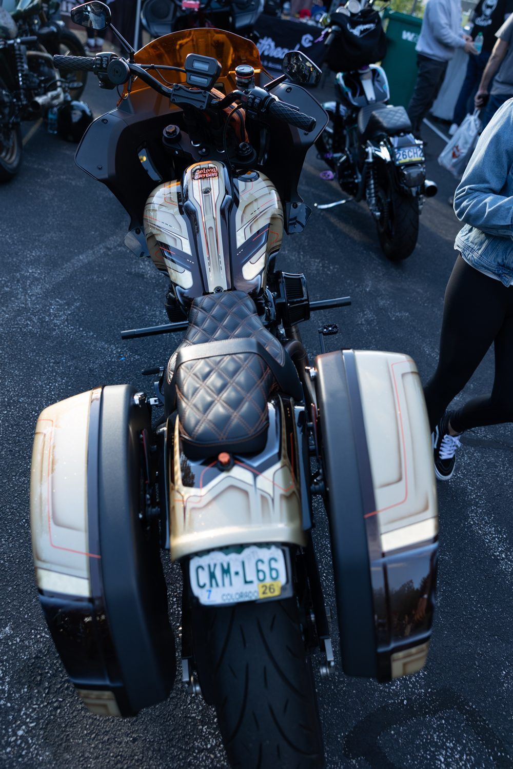Custom bagger rear end with quilted saddlebags at the Proper Baggers show